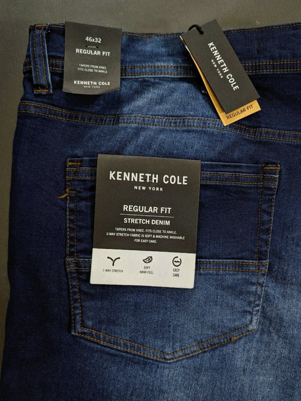 Kenneth Cole New York Mens Jeans 44x32 46x32 Dark Wash Regular Fit Stretch Denim